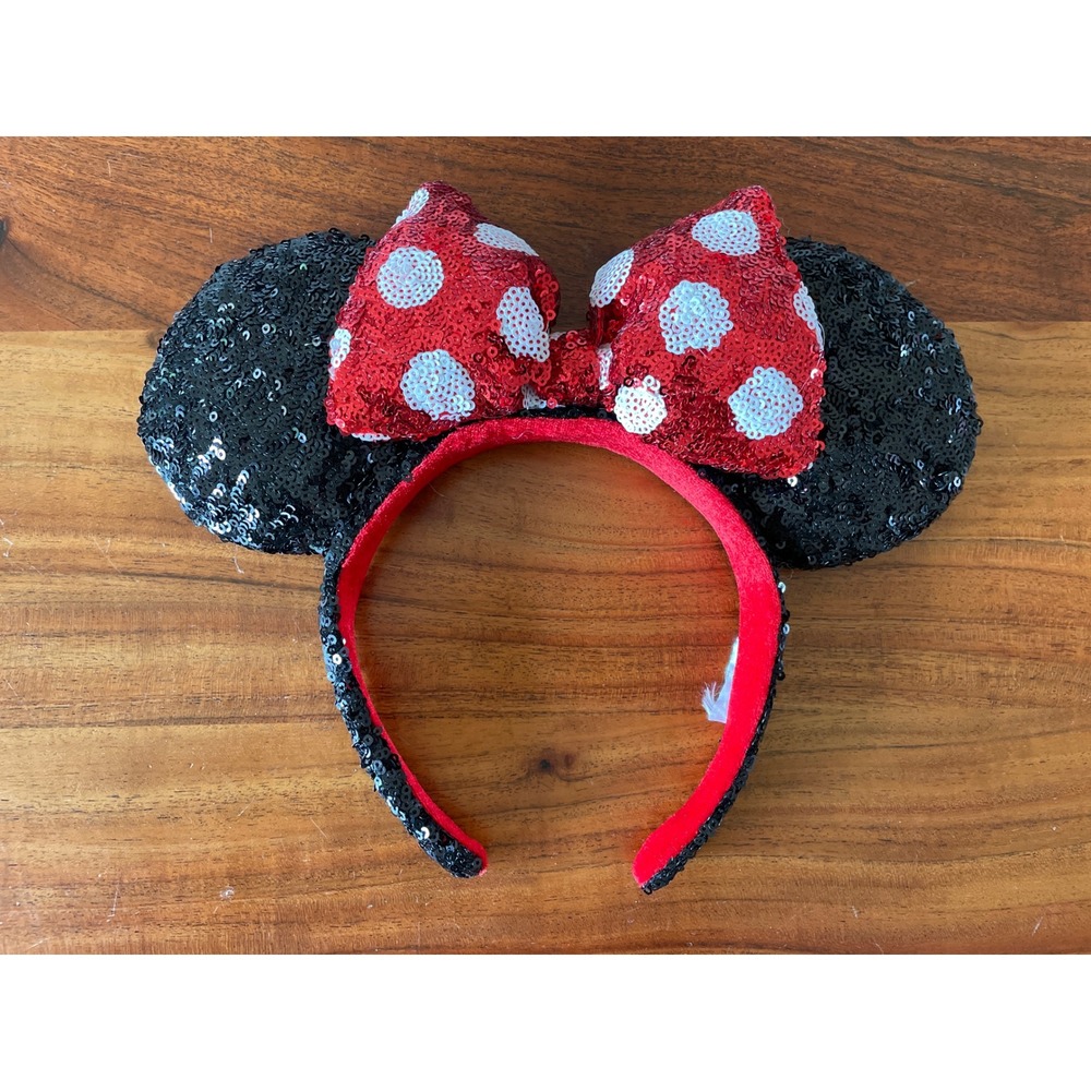 Disney Parks Minnie Mouse Sequin Ears Headband Red White Polka Dot Bow Black